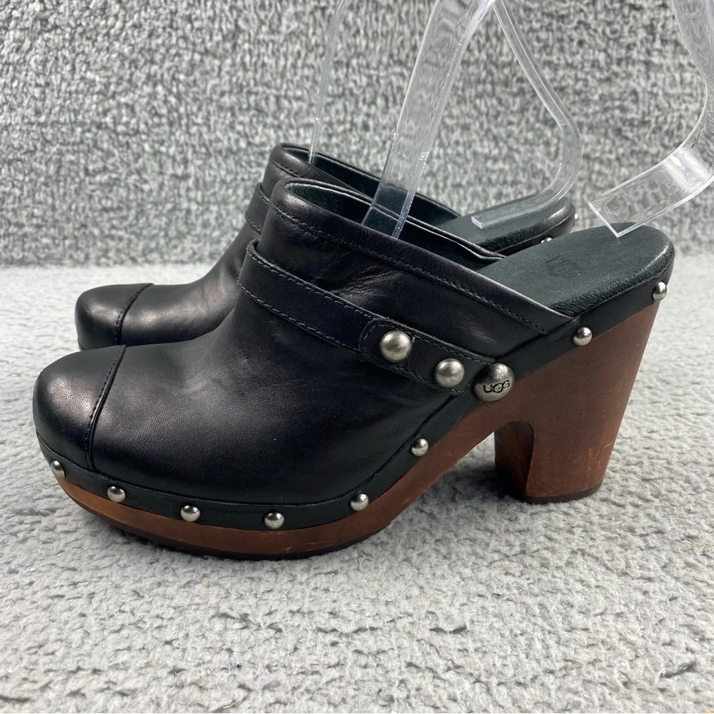 UGG Australia Jolene Heeled Clogs Black Leather Wood Shear Silver Studs Womens 7 - Picture 6 of 16